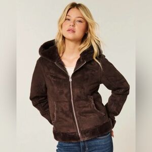 Hollister Faux Fur-Lined Faux Shearling Hooded Jacket Espresso Brown Women’s M